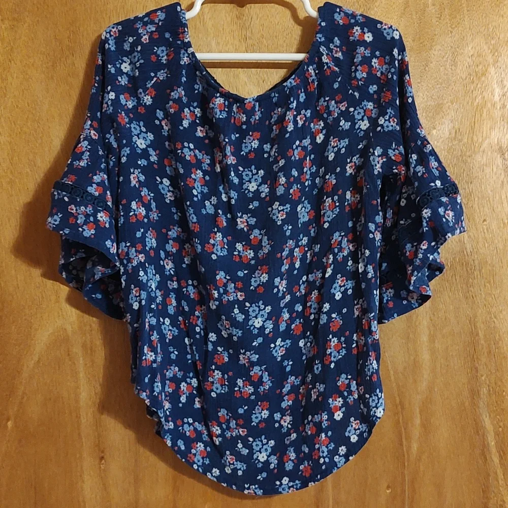 Justice Girls Floral Boho Blouse Blue Crochet Tassels Scoop Neck Bell Sleeve 6/7